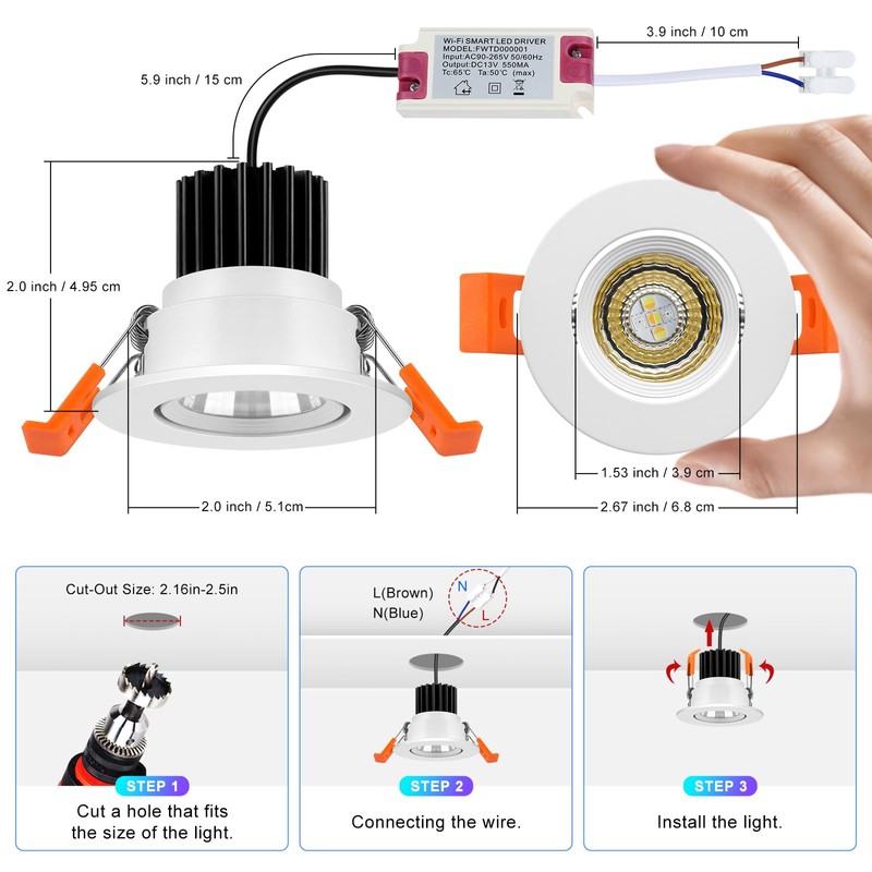 2 Inch Smart Recessed Lighting, 5W RGB WiFi LED Downlight,