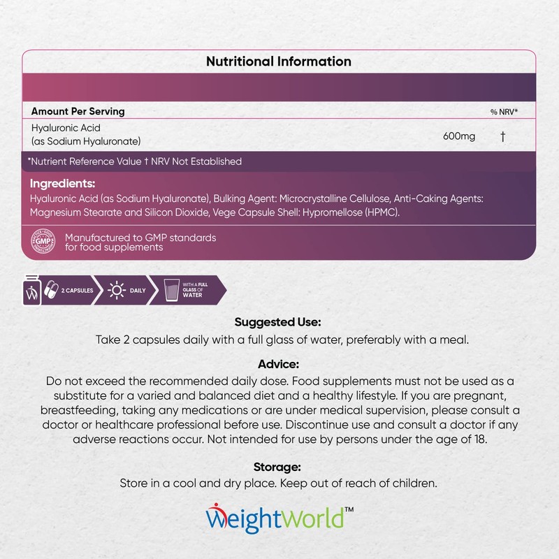 Hyaluronic Acid Supplement 600mg (500-700 KDA) - 120 Vegan Triple