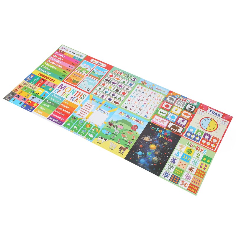 12PCS Educational Posters for Kids Cartoon Learning Poster Waterproof English