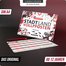 DENKRIESEN - Stadt Land VOLLPFOSTEN® Crime Edition - Murder Fun. | DIN A4 Game Pad | From 12 Years | City Country River | Family Game | 50 Sheets | Party Game | Gift | Fun