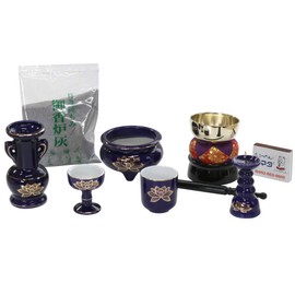 Buddhist Altar Utensil Set Lapis Golden Lotus Ruri Ceramic 5 Piece + Singing Bowl Set with Incense Ash and Matches for Modern Mini Buddhist Altar