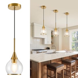 1-Piece Island Light for Kitchen, 1-Light Gold Kitchen Island Hanging Pendant Light, Brushed Gold Dining Room Light Fixture Over Table with Clear Round Glass Shades