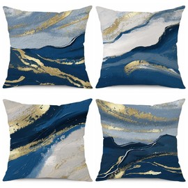 BCKAKQA Throw Pillow Cases 4 Pack 18x18 inches Navy Blue Gold Decorative Cushion Covers 45cm x 45cm Linen Square Throw Pillow Covers for Bedroom Living Room Sofa Couch Bed Pillowcases