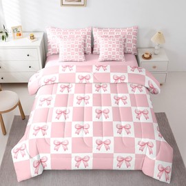 Manfei Princess Bowknots Full Bedding Set 7 Pieces,Pink Bow-tie Dreamy Bow Girlish Comforter Set with Sheets for Kids,Geometric Grids Plaids Patchwork Pink White Bed Set in a Bag with Pillow Covers