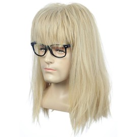 yuehong Long Wave Blonde Mullet Heavy Mental Wig Movie Funny Cosplay Costume Hair Heat Resistant Synthetic Fibers Fluffy Breathable Wig With Black Glasses