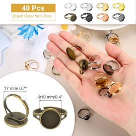 sourcing map 40Pcs Metal Ring Base Blank, 10mm Adjustable Pad Cabochon Ring Blank Base Flat Bezel Tray for Jewelry Making Finding DIY Carvings (Bronze/Grey/Silver/Gold)