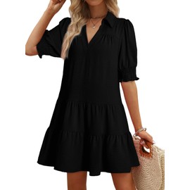 Dokotoo Plus Size Summer Dresses Lapel Collared V Neck Mid Sleeved Pleated Summer Dresses for Women 2025 Casual Vacation Outfits for Women Black X Large