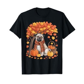 Pug Fall Scarf Pumpkin Autumn Leaves Thanksgiving T-Shirt