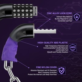 Looxmeer Fahrradschloss 12 Farben Zahlenschloss 90cm und Hoher Sicherheitsstufe, Fahrrad Kettenschloss Zahlen Code Kombination Schloss mit Stahlkettenglieder und 5-stelligem Zahlencode, Lila