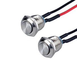 2pcs 19mm Super Short Metal Momentary Push Button Switch Waterproof Anti-Vandal Raised Head Silver Shell 3/4" Mounting Hole with Pre-soldered Cable 12V 24V 110V (ON)-Off 2Pins 1NO