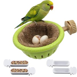 2-in-1 Bird Nest & Perch Set with 4 Hanging Food Cups, Multi-Functional Breeding Nest for Canary Finch Budgie, Removable Bird Stand with Fleece Pad, Plastic Cage Accessories Kit for Small Birds