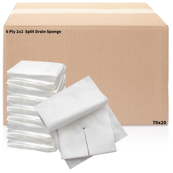 Split Drain Sponge 2x2 6 Ply [1400 Count] Precut 2"X2" Sterile Slit Gauze Pads - 20 Boxes of 35 Packs of 2 - Medical Tape NOT Included