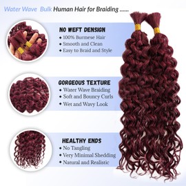 Burgundy Braiding Hair Deep Water Wave Bulk Boho Human Hair for Braiding Bohemian Curls Burmese Hair Bundles 99J Burgundy Red No Weft Water Wave Curly Human Hair for Boho Braids 18 Inch 100G