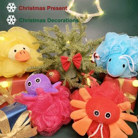 Loofah Exfoliating Shower Stuffed Sponge Pouf Mesh Brush with Animal Toys - Bath Spa Puff Scrubber Ball - Body Poof for Children Kids - Rich Foams Bubble（4.7" Each） Pack of 4