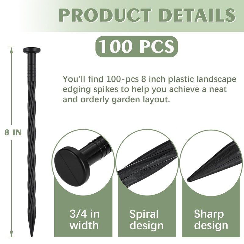 Landscape Spikes, Plastic Landscape Edging Spikes 8 Inch (100 Pack)