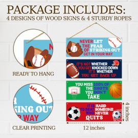 4 Pcs Sports Wall Decor Sign, Inspirational Quotes Wall Art Gift For Boy Room Girl Room, Baseball Football Basketball Soccer Wooden Hanging Plaque Sign For Kids Room Playroom Bedroom Classroom -04