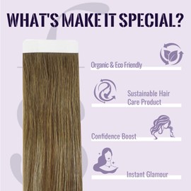 Fshine Tape-In Real Hair Extensions, Brown, 35 cm, Balayage Colour Dark Brown with Caramel Blonde and Dark Brown, Skin Weft Tape Extensions, 50 g, Real Hair, 20 Pieces