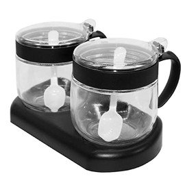 Glass Seasoning Box Set,12oz/350 ml Condiment Set With Lids and Spoon,Clear Glass Condiment Canisters,2Pack Scondiment Jar Set for Sugar Pepper for Kitchen Counter(Black)