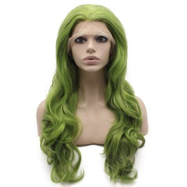 Mxangel Long Wavy Hand Tied Swiss Lace Front Green Wig Synthetic Heat Resistant