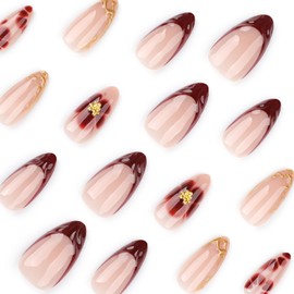 Medium Almond Press on Nails OFDNE Red French Tip Fake Nails 3D Floral False Nails with Flower Gold Lines Designs Nude Glossy Glue on Nail Reusable Acrylic Nail for Women Girls 24Pcs