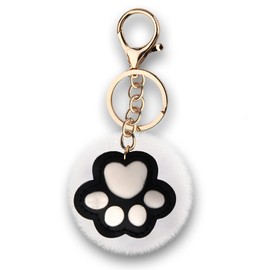 Paw Pompom Fluffy Keychain Pom Pom Faux Fur Keyring for Car Key Bag Accessories Charm Cat Dog Lover Gifts for Women Girls White Fluffy Pompom Keyring for Bag Handbag Charms for Womens Handbags