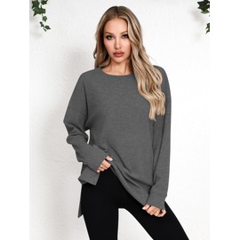 Laughido Women's Long Sleeve Crew Neck Slit Oversized Sweatshirts Pullover Loose Casual Tunic Tops 2025 Fall Clothes (Gray, Large)