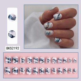 Press on Nails Short Square 24Pcs Glossy Full Cover Acrylic Square False Nails with Marble Designs Reusable Short Coffin Fake Nails with Charm Glue Stick on Fingernails for Women Girls
