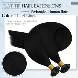 Sunny Flat Tip Hair Extensions Black Human Hair Hot Fusion Flat Tips Hair Extensions Natural Black Prebonded Flat Tip Human Hair Extensions Durable Keratin Flat Extensions 50g/50s 20inch