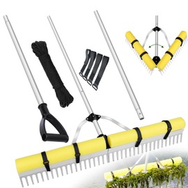 Pond Rake Aquatic Weed Rake,Detachable Float Lake Rakes,Aluminum Landscape Rake for Outdoor Pond with Extension Rope,Weed and Algae Removal,Upgraded Rakes Foam Fixing Velcro and carabiners