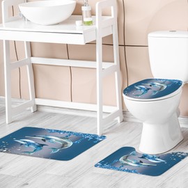 Riyidecor Dolphin Beach Kids 4Pcs Bathroom Shower Curtain Sets Ocean Sparkle Shimmer (No Glitter) Bathroom Decor Set with Rugs and Accessories Toilet Lid Rug, Contour and Bath Mat with 12 Hooks