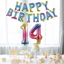 Birbirth 40 inch HAPPY BIRTHDAY Number 14 Banner Balloons letters Rainbow Theme Gradient Colorful for girls and boys,Aluminum Foil Balloons 14th Party Decorations Supplies