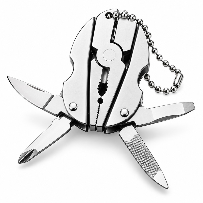 Stainless Steel Folding Multi-Tool Keychain with Pliers, Knife, Screwdrivers &