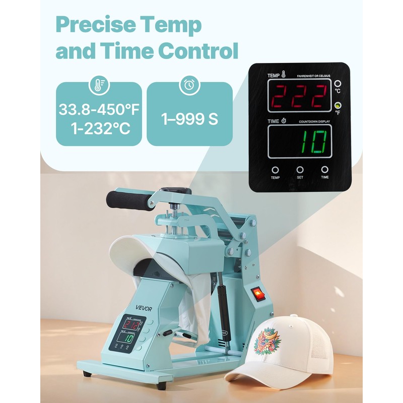 VEVOR Hat Heat Press Machine, with 2pcs Interchangeable Platens, Precise