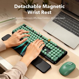 Wireless Keyboard and Mouse Combo, Round Keycaps, Full-Size Retro Typewriter Keyboard with Magnetic Wrist Rest, Tilt Legs, 2.4GHz Cordless for Mac, Windows PC, Laptop, SABLUTE CK23, Black & Green