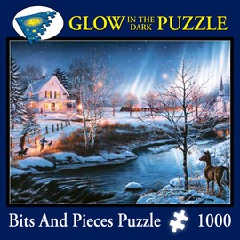 Bits and Pieces - 1000 Piece Glow in The Dark Puzzle - All is Bright by Artist James Meger - Winter Holiday Landscape - 1000 pc Jigsaw