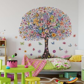Runtoo Large Tree Wall Decals Tree of Life Butterfly Floral Wall Art Stickers Living Room Girls Bedroom Wall Decor