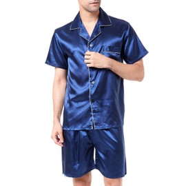 Sanraflic® Men's Satin Pajamas Short Button-Down Pj Set Sleepwear Loungewear (Blue/White, M)