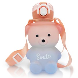 Kawaii Water Bottle Cute Teddy Bear Water Bottles with Straw, Adjustable Strap, Portable Leakproof BPA-Free Drinking Cups 27oz for Girls School Sports Travel (Pink/Blue)