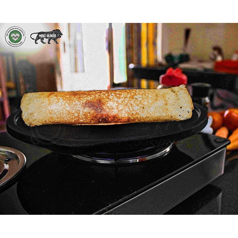 Highkind Cast Iron Dosa Tawa 12 inches Single Handle Pre-Seasoned,