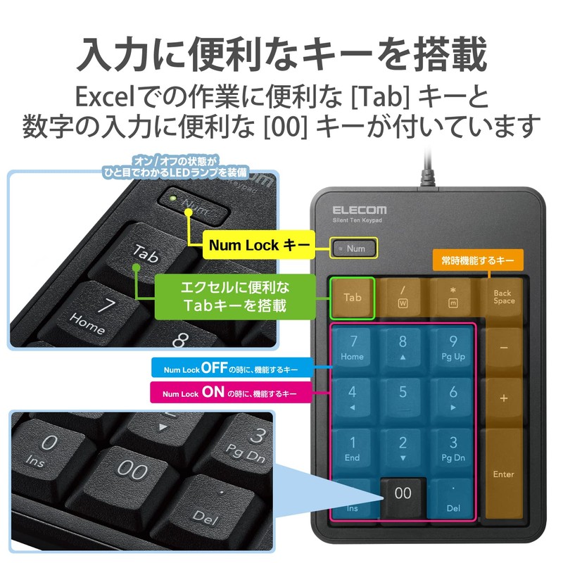 ELECOM Tenkey Wired Quiet Design Antibacterial Compatible with Windows/Chrome OS/macOS