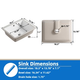 18 Inch White Rectangle Vessel Sink for Bathrooms 18.3" x 13.78" Small Undermount Bathroom Sink Ceramic Porcelain Under Counter Basin Sink with Overflow 465mm x 350mm Lavamanos Para Baños KINGWONG