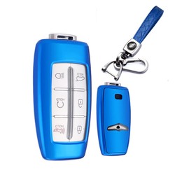 HIBEYO TPU Car Key Fob Cover with Keychain fits for Hyundai Genesis G80 GV80 2020-2022 Car Key Case Cover Protector Jacket Smart Remote Car Key Keyless Entry Holder Shell 6 8 Button Blue