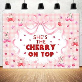 7 x 5 ft Pink She's The Cherry on Top Backdrop Bow Cherrys Theme Party Decor Photography Background Bride to Be Engagement Baby Shower Party Decor Birthday Photobooth Props