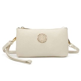 She & Bags Women Golden Badge Detail Multi Function Doubel Compartments Small Wristlet Purse Clutch Crossbody Messenger Handbag-PEARL