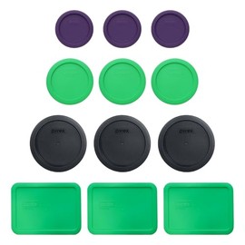 Pyrex (3) 7202-PC Plum Purple Lids, (3) 7200-PC Bright Green Lids, (3) 7201-PC Black Lid, (3) 7210-PC Bright Green Lids