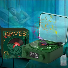 The Waves Vinyl Player with Water Ripple Light, Waves Vinyl Bluetooth Speaker, 2024 New Portable Vintage Vinyl Speaker with Adjustable Light and Time for Bedroom, Party