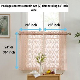 HLC.ME Isabella Floral Rod Pocket Lace Semi Sheer Voile Short Cafe Tiers for Small Windows - 28 x 24 Inch Length (Blush Pink Tiers, Set of 2)