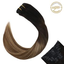 Ugeat Balayage Clip in Hair Extensions Black to Dark Brown Human Hair Balayage Caremel Blonde Clip in Hair Extensions Real Human Hair Double Weft Extensions Clip in Hair 10pcs 20in 100g
