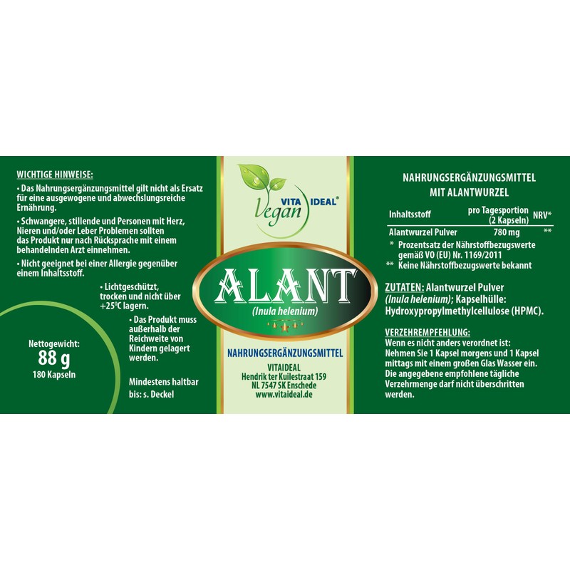 VITA IDEAL Vegan® ALANT – Root 180 Capsules – Inula