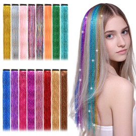 Clip in Tinsel Hair Extensions, 1.37 Inch Glitter Hair Extensions Tinsel Strands Hairs Fairy Tinsels Kit for Kids Girls, 16Pcs